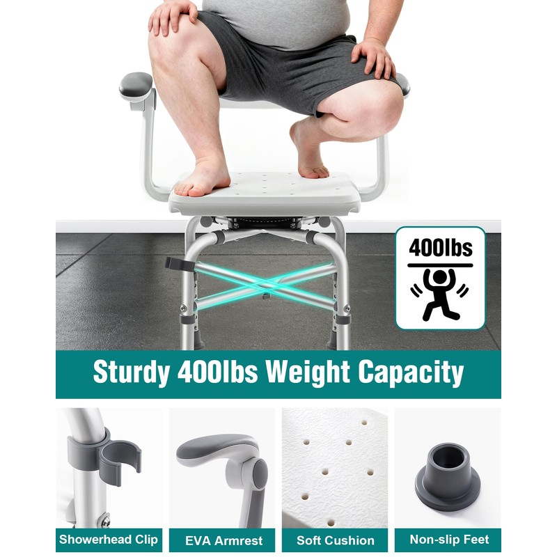 Shower Chair for Inside Shower with Adjustable Arms, 400lb Bathtub