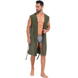 VintageClothing Men's Summer Robe with Hooded Lightweight Bathrobe House Kimono Sleeveless Sexy Sleepwear Pajamas, Army Green, L