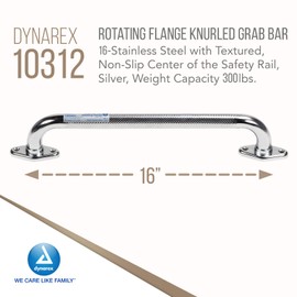 Dynarex Rotating Flange Knurled Grab Bar-16 Inch, Stainless Steel with Textured, Non-Slip Center of the Safety Rail, Weight Capacity of 300 Pounds, Silver, 1-Rotating Flange Knurled Grab Bar-16 inch