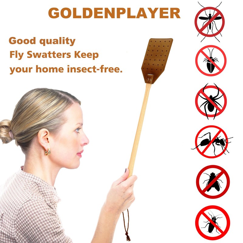Heavy Duty Leather Fly Swatter, Long Handle Fly Swatter with