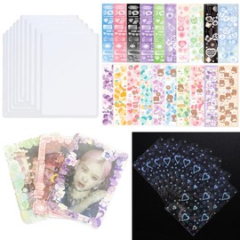 10pc Kpop Photocard Holder Toploader, 50 Holographic Card Sleeves for Trading Cards Protector Kpop Photocards,20 Ribbon Heart Pet Korean Deco Stickers for Photocard Binder Album Photo Card Top Loaders