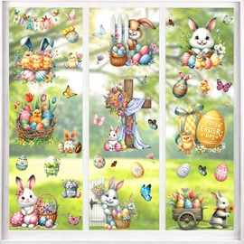 9 Sheets Easter Window Stickers, Double Sided Window Decorations, Window Stickers for Glass, Removable and Reusable Easter Window Clings for Easter Window Display Decoration