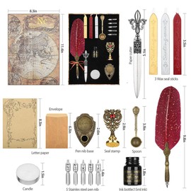 NC Upgraded Wax Seal Stamp Kit,Quill Pen ink Set Includes Feather Dip Pen,Ink,5 Replacement Nibs,3 Wax Seal Sticks,Pen Nib Base,Seal Stamp, White Wax,Spoon,Envelope Letter Paper, Envelope Tool（Red）