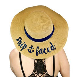 C.C Women's Paper Weaved Crushable Beach Embroidered Quote Floppy Brim Sun Hat, Ship Faced, Navy