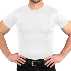 CCW Tactical Concealed Carry Holster Shirt | SSecure Hook & Loop Pocket with Large Storage | All Season Moisture Wicking Compression Shirt | Mens Crew, White XXL