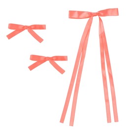 Women's Satin Hair Bows, Set of 3, 1 Hair Clip with Long Tails, 2 Hair Bows with Short Tails (Peach)