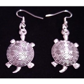 Vintage Style Tortoise Dangle Earrings, Sterling Silver Hooks, 36mm x 20mm, Antique Silver Turtle