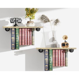 QsQueen Floating Bookshelves, Bookshelf with Industrial Pipe Brackets, Book Display Shelf for Wall, Unique Space-Saving Book Shelf Wall Book Holder, Wood Hanging Bookshelf, Great for Room Decor