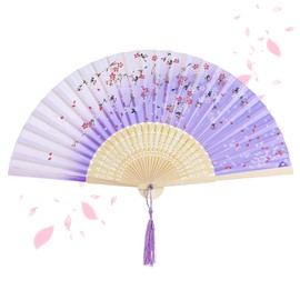 Handheld Fan Folding, Folding Fan Hand Held Fan for Women, Vintage Chinese Fan, Handheld Silk Folding Fan for Birthday Gift Wedding Party Decoration (Purple)