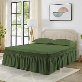 NookZuzu Wrap Around Ruffled Lace Bed Skirt,Dark Olive Green Bed Skirts with 18 Inch Drop Easy to Put On,Elastic Dust Ruffle with Adjustable Belts,Bed Skirting King/Cal King Size,Machine Washable