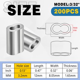 Yaocom 200 Pcs 3/32" Aluminum Crimping Loop Sleeve Cable Crimp Ferrules Wire Rope Sleeves for Diameter Wire Rope and Cable Line Ends