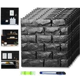 Circloophs 3D Wall Panels Stick and Peel, Black Brick Printable 3D Wallpaper Stick and Peel Self Adhesive Waterproof Foam Faux Brick Paneling for Bedroom, Bathroom, Kitchen, Fireplace (11, Black)
