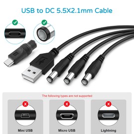 Alitutumao USB to DC 5V Power Cord, Universal DC 5.5 x 2.1mm Plug Jack Charging Cable for Fan Router Speakers Cameras with Type-C Connectors Tips, 3.3FT