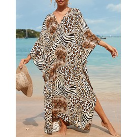 Bsubseach Kaftan Dresses for Women 2025 Plus Size Swimsuit Cover Up V Neck Caftan Beach Dress Loungewear Brown Leopard Print