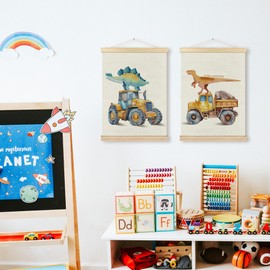 BCUANGD Dinosaur and Construction Truck Wall Decor - Dino Poster Hanger with Wood Frames Set of 2, Kids Car Vehicles Wall Hanging Canvas Decor for Kids Room Nursery Playroom, 12x16 Inches 482