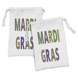Ambesonne Mardi Gras Fabric Pouch Set of 2, Lettering with Traditional Patterns Dots Checkered Motif Lily Flowers, Small Drawstring Bag for Toiletries Masks and Favors, 9" x 6", Purple Green Yellow