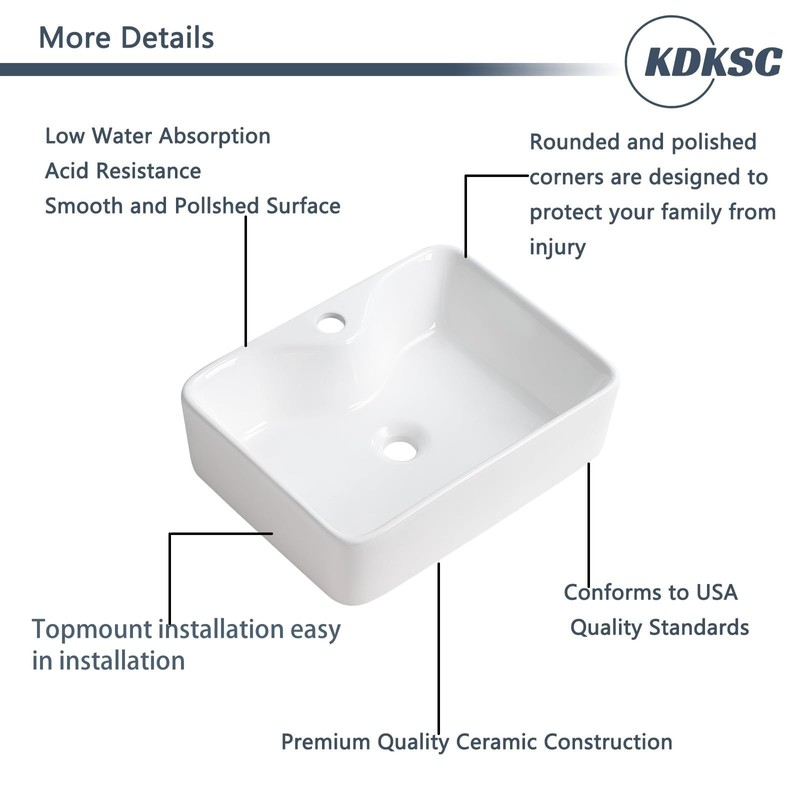 KDKSC Bathroom Vessel Sink 19"x15" Rectangular White Bathroom Sink with