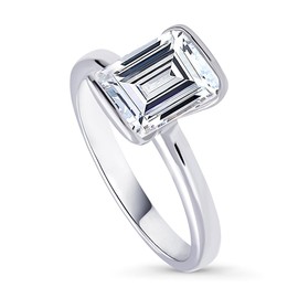 BERRICLE Sterling Silver Solitaire Wedding Engagement Rings 2.6 Carat Half Bezel Set Step Emerald Cut Cubic Zirconia CZ Ring for Women, Rhodium Plated Size 4-10, US 5, Metal, Cubic Zirconia