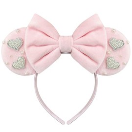 Nahalesy Pink Fuzzy Mouse Ears Heart Beads Headband for Women Park Ears