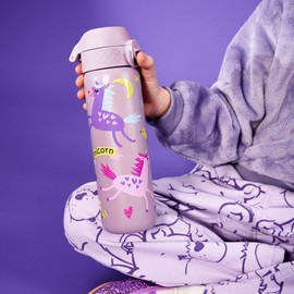 Ion8 Steel Water Bottle, 600 ml/20 oz, Leak Proof, Easy to Open, Secure Lock, Dishwasher Safe, Flip Cover, Fits Cup Holders, Carry Handle, Durable, Metal Water Bottle, Raised Print, Unicorns Design