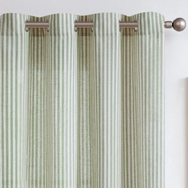 TOPICK Linen Blend Curtains for Living Room 90 inches Long Green Striped Curtain for Bedroom Light Filtering Eyelet Curtains Drapes Window Decoration 2 Panels