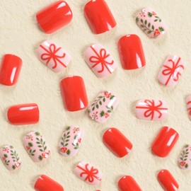 LBPEPAMZ Christmas Press on Nails Short Square Fake Nails with Bowknot Leaf Designs Red Full Cover False Nails Winter Xmas Poinsettia Glue on Nails Artificial Acrylic Stick on Nails for Women 24Pcs