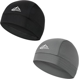 Jklmnops Skull Cap Helmet Liner Sweat Wicking Cycling Running Hat, Cycling Skull Caps Wicking Beanie Do Rag Head Wrap for Men Women 2PCS (Black+Grey)