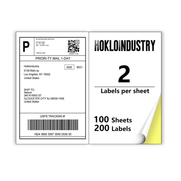 HokLoindustry Half Sheet Labels(100 Sheet,200 Labels),Printable White Shipping Labels for