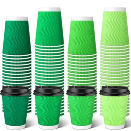Jingmore 100pcs Disposable Coffee Cups with Lids 12oz 4 Gradient Green Paper Cups Corrugated Ripple Wall Paper Insulated Hot Mugs Bulk for Cold Hot Beverage Espresso Home Office Wedding Party Supplies