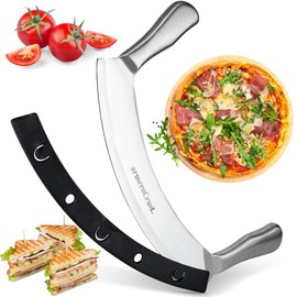 armeroCrust Mezzaluna Knife with Double Handle for Extra Stability - 12 Inches - Pizza Rocker for Precise Slicing of Thick Crust - Grade 18/0 Stainless Steel with Premium Finish