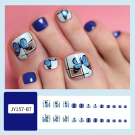 Blue Butterfly Press on Toenails for Women Short Square Artificial Toenails Glossy Acrylic Fake Toe Nails Full Cover False Toe Nails
