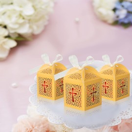 KPOSIYA 70 Pack Baptism Favor Boxes,Laser Cut Candy Boxes with Ribbons, Party Favor Small Gift Boxes for Baby Shower Baptism Decorations First Birthday Party Christening Favor (Gold-70)