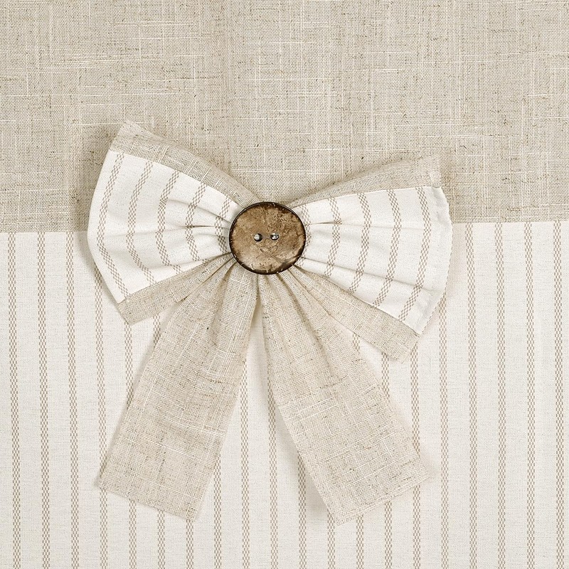 DOSLY IDÉES Farmhouse Linen Shower Curtain,Bowknot,Cotton Blend Fabric,Pleated Beige Stripe,Country