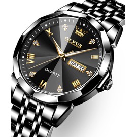 OLEVS Black Watches for Men Diamond Casual Stainless Steel Luxury Business Dress Classic Date Analog Quartz Wrist Watches Waterproof Luminous