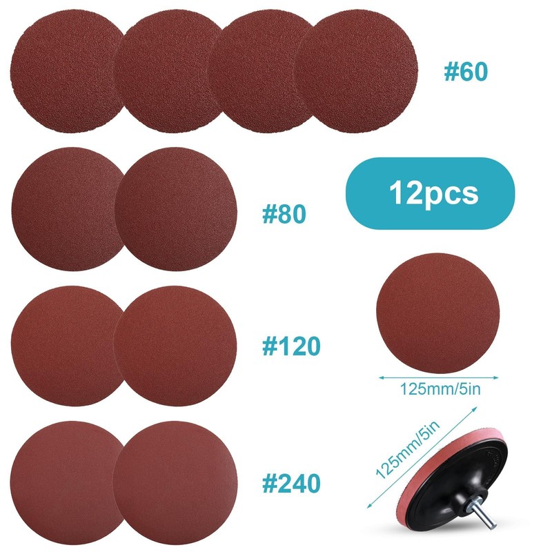 QESSUVNC 12pcs 125mm Sanding Discs 60/80/120/240 Grit with Backing Pad