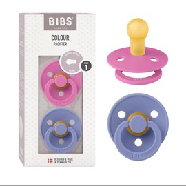 BIBS Colour Soother 2-Pack, BPA Free Dummy Pacifier, Round Nipple. Natural Rubber Latex, Made in Denmark, Size 1 (0-6 Months), Bubblegum/Peri