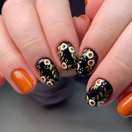 Press on Nails Short Square Fake Nails with Flower Leaves Designs Fall Winter Nails Press ons Orange Acrylic Nails Glossy Glue on Nails Artificial False Nails Cute Stick on Nails for Women 24Pcs