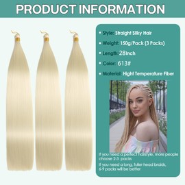 Locescsoc 28 Inch Bone Straight Braiding Hair 150g 3 Packs Straight Hair Extensions, Ariel Straight Ponytail Hair Bundles, Ombre Soft Synthetic Hair for Women (613#, 28 Inch 3 Packs)