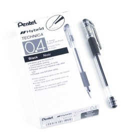 Pentel Arts Hybrid Technica Gel Rollerball Pen, 0.4mm, Ultra Fine Point, Drawing, Detailing, Decorating, Black Pigment Ink, KN104-A, Box of 12