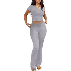 chicyes Lounge Sets for Women 2 Piece Foldover Yoga Flare Leggings Pants Crop Tops Casual Y2K Outfits Matching Tracksuit Set