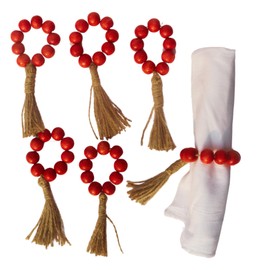 Arshi Nautical Wooden Bead Napkin Rings,Set of 6, Farmhouse Stretchable Napkin Rings with Tassel Boho Napkin Rings for Dining Table,Wedding Decoration, Burgundy Red, AR20224