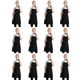 CWFUN 12 pack Black Apron bulk for Women Men with Pockets, Plain Adult Bib kitchen Cooking bbq Painting Aprons