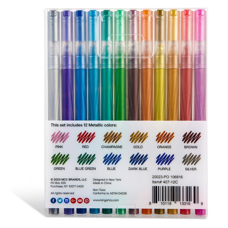 KINGART® Metallic Gel Pens, Scrapbook, Journals, or Drawing, Colored Metallic