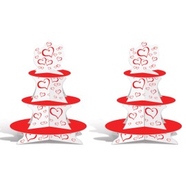 Beistle Valentine Cupcake Stands, 2 Count, 3-Tier Heart-Themed Dessert Sweet Treat Display for V-Day, Weddings, Engagements and Romantic Love Celebrations, 16”
