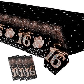 FVABO Sweet 16 Birthday Tablecloth Decorations for Girls, 3pcs Disposable Black and Rose Gold Happy 16th Birthday Party Supplies Table Cover, 86in x 55in