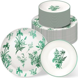 Qinyoung 50 Pcs Plastic Plates Set for 25 Guests Shiny Design Vintage Floral Plastic Plates 20 x 8 Inch Dessert Plates and 20 x 10 Inch Plastic Plates Wedding Party Plates(Flower,Green)