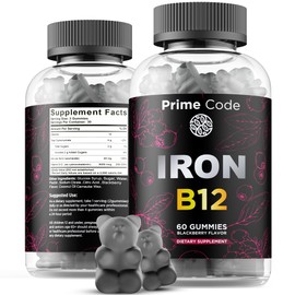 Vitamin B12 Gummies for Women & Men, 20mg Iron Supplement for Adults, Free Blood Builder for Anemia, Vitamin B12 Gummies with Iron & Natural Blackberry Flavor, Vegan, Non-GMO, 30 Day Supply