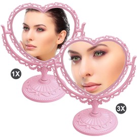 XPXKJ XPXKJ 7 Inch Vintage Heart Mirror - Elegant Desk Makeup Mirror with Double Sided 360 Degree Rotation Vanity Mirror for Coquette Room Decor (Pink 1pcs)