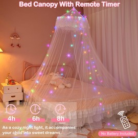 Unicorn Castle Bed Canopy for Girls Princess Canopy Bed Curtains Room Decor Dome Bed Net Canopy with Timed Light Bedroom Decor, White