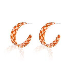 Vintage Minimalist 80s C Shaped Acrylic Dangle Earrings Lightweight Geometric Black White Plaid Hoop Earrings Colorful Chunky Big Earrings Statement Jewelry Gifts for Women-Orange